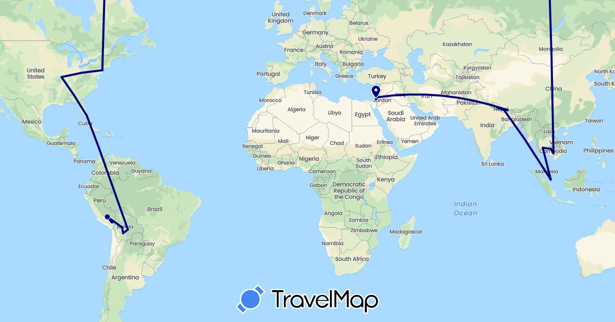 TravelMap itinerary: driving in Bolivia, Israel, Cambodia, Nepal, Peru, Singapore, Thailand, United States (Asia, North America, South America)